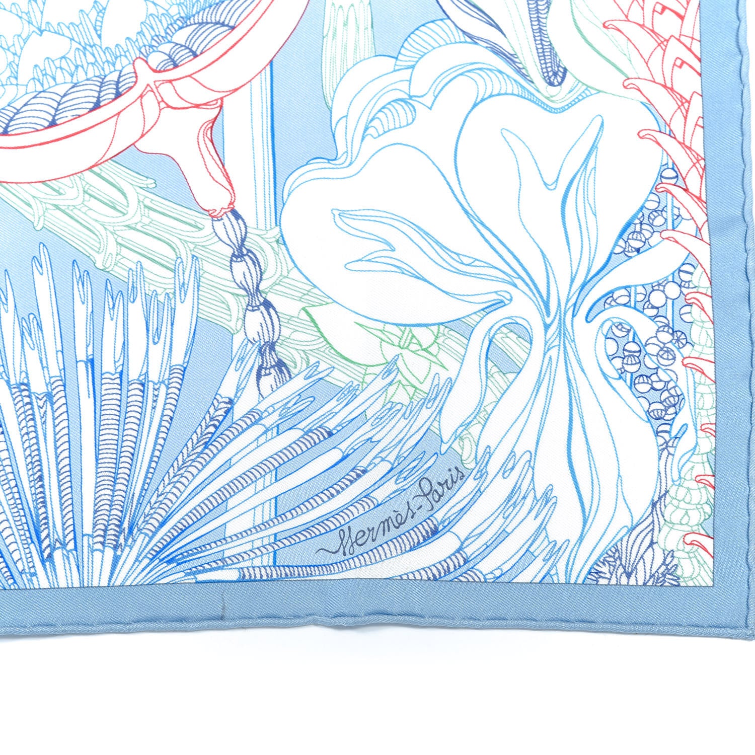 Hermes Silk Fantaisie Botanique Pocket Square Bleu Ciel White Rouge 2 of 5