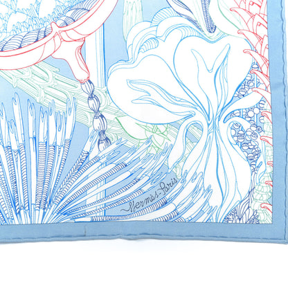 Hermes Silk Fantaisie Botanique Pocket Square Bleu Ciel White Rouge 2 of 5