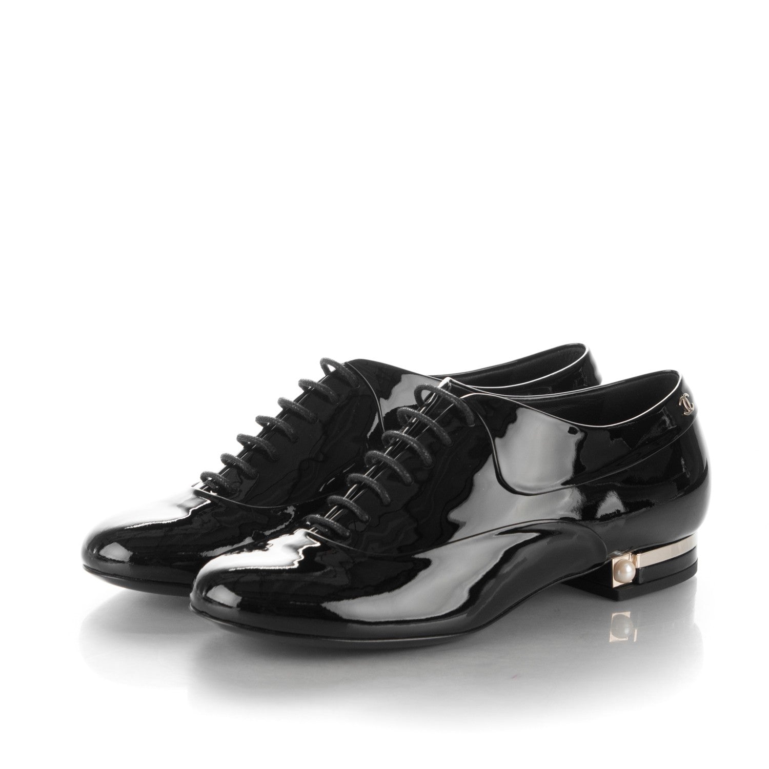 Chanel Calfskin Patent CC Lace Up Oxfords 37 Black 3 of 7