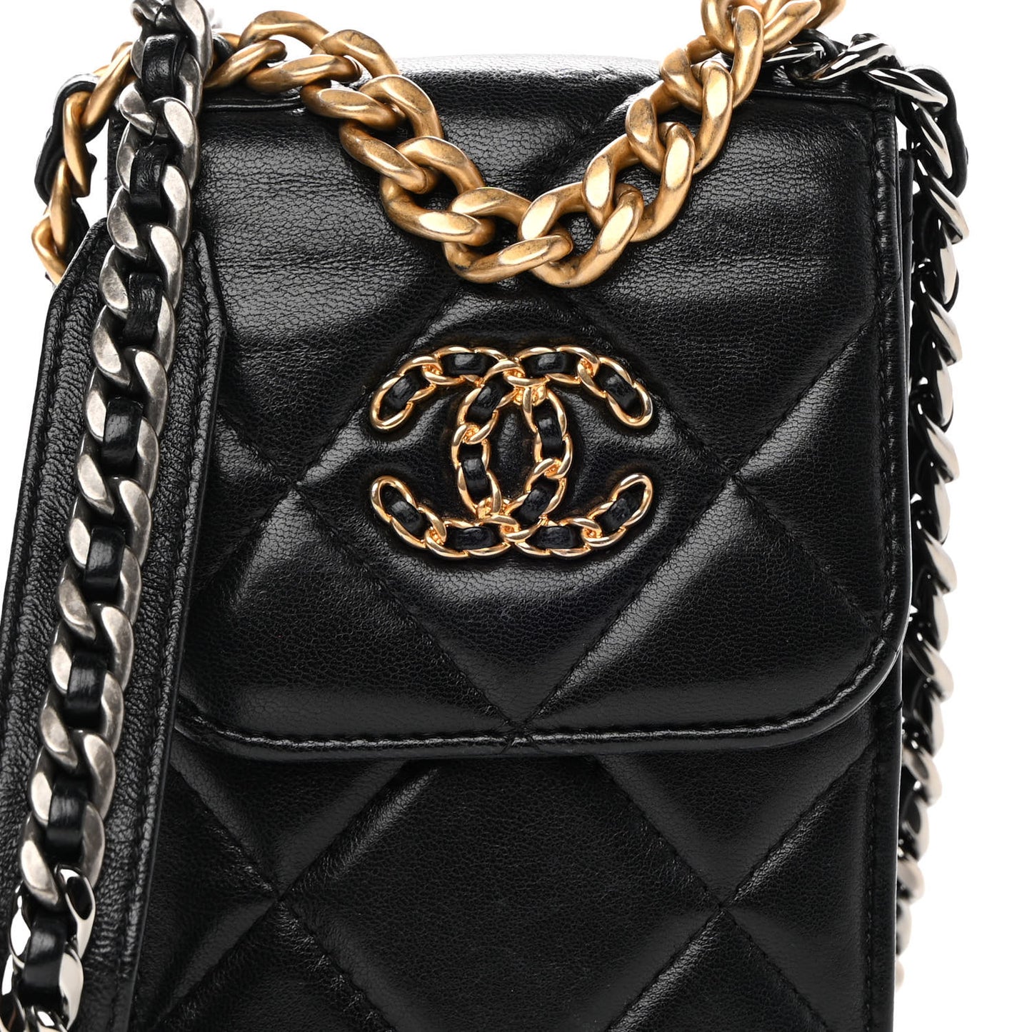 Lambskin Quilted Chanel 19 Phone Holder With Chain Black
