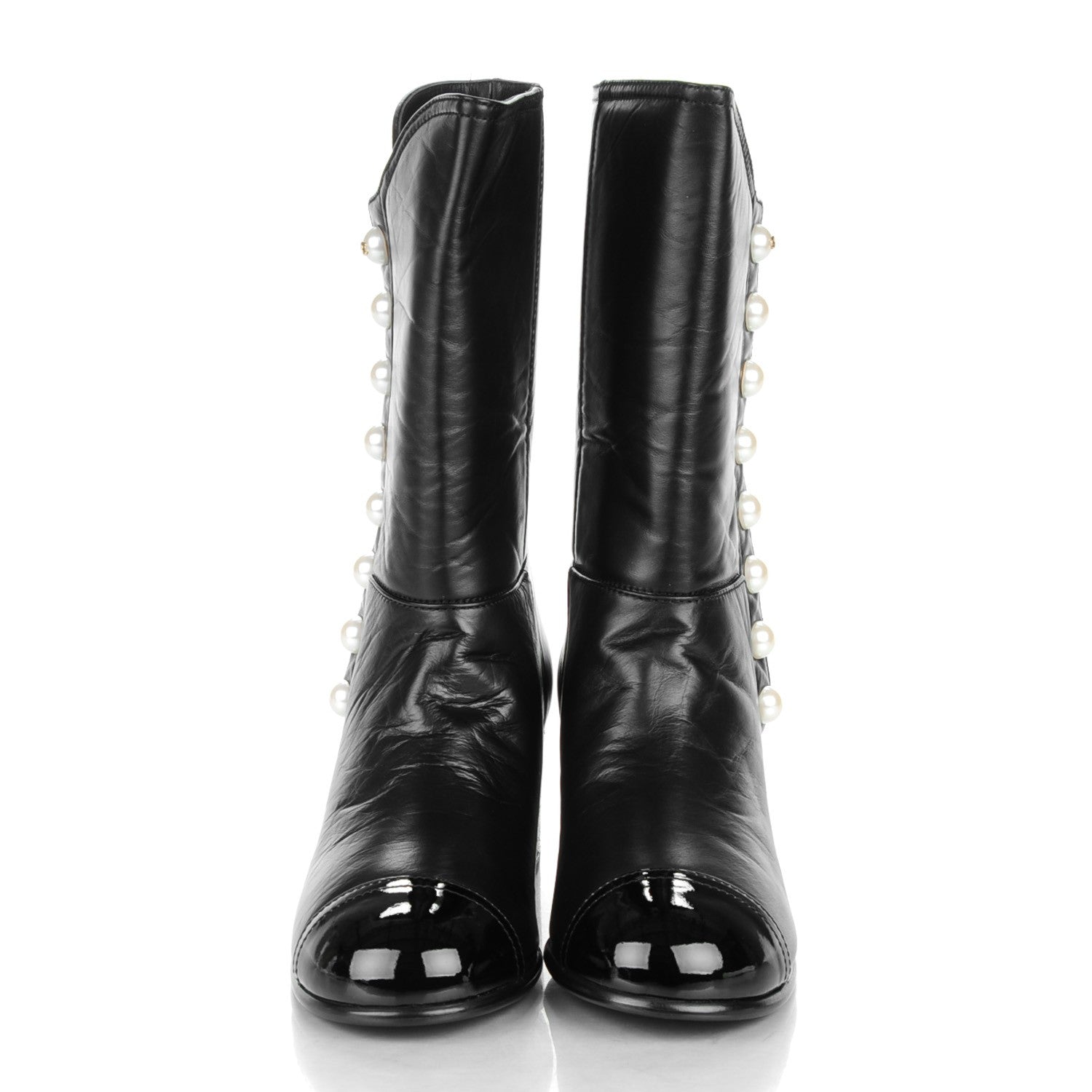 Chanel Calfskin Patent Pearl Cap Toe Boots 39 Black 2 of 9