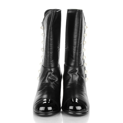 Chanel Calfskin Patent Pearl Cap Toe Boots 39 Black 2 of 9