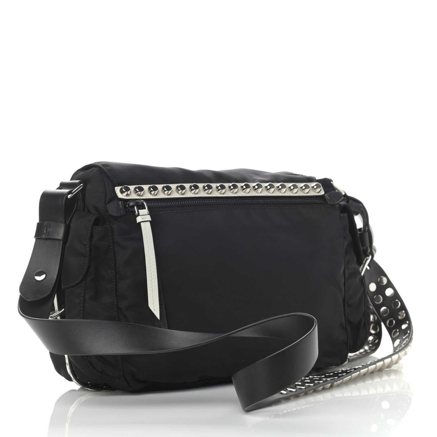 Prada Nylon New Vela Studded Messenger Black White 3 of 12