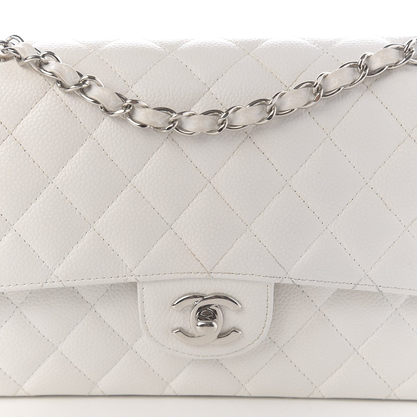 Caviar Quilted Medium Double Flap White
