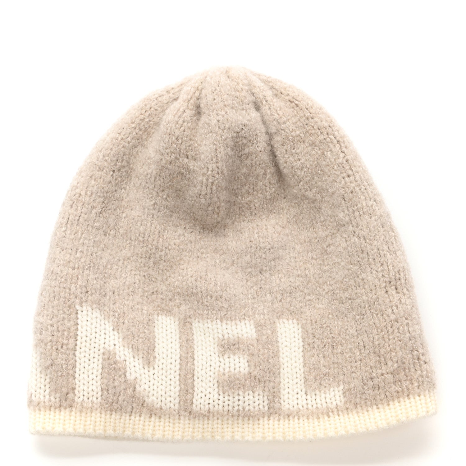 Chanel Cashmere Wool Silk Logo Beanie Hat Beige White 3 of 4