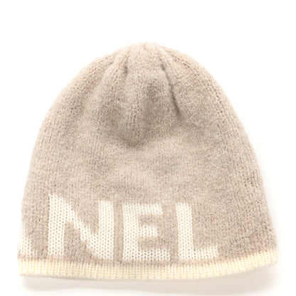 Chanel Cashmere Wool Silk Logo Beanie Hat Beige White 3 of 4