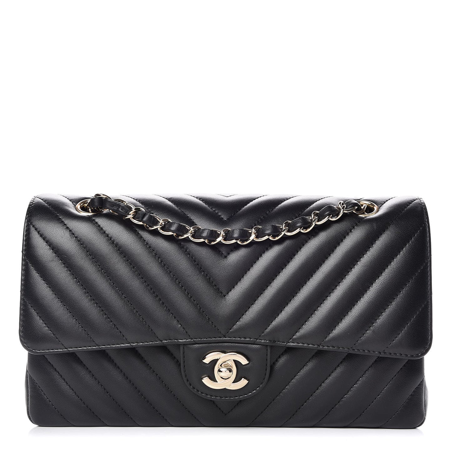 Lambskin Chevron Quilted Medium Double Flap Black