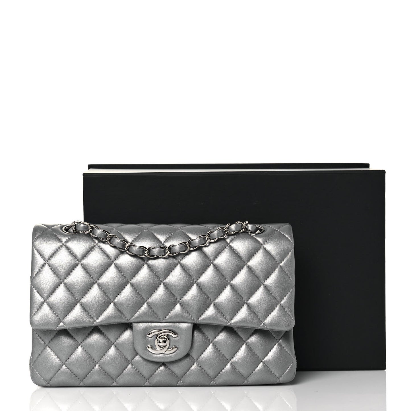 Metallic Lambskin Quilted Medium Double Flap Silver