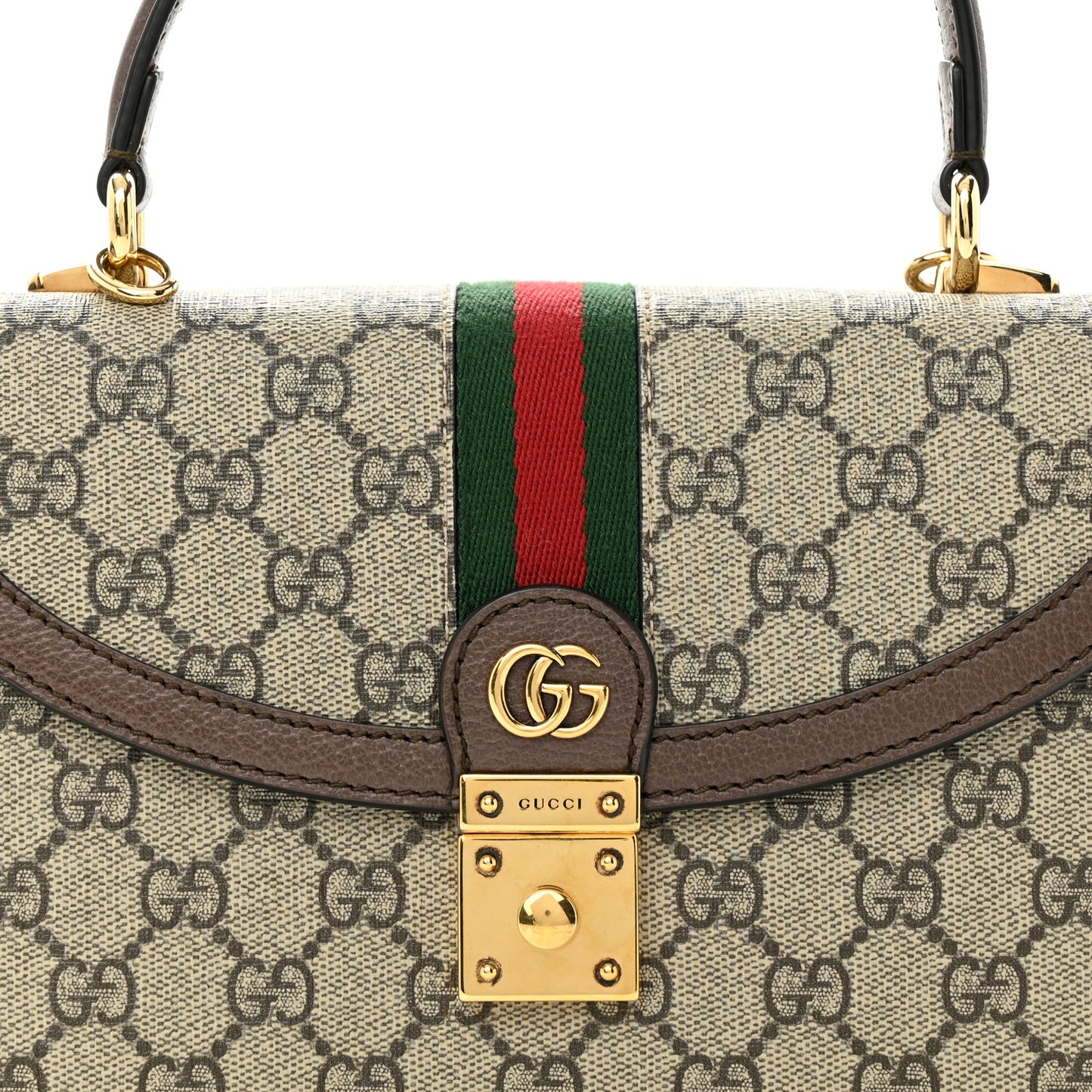 GG Supreme Monogram Textured Dollar Calfskin Web Small Ophidia Padlock Top Handle Bag Beige Ebony New Acero
