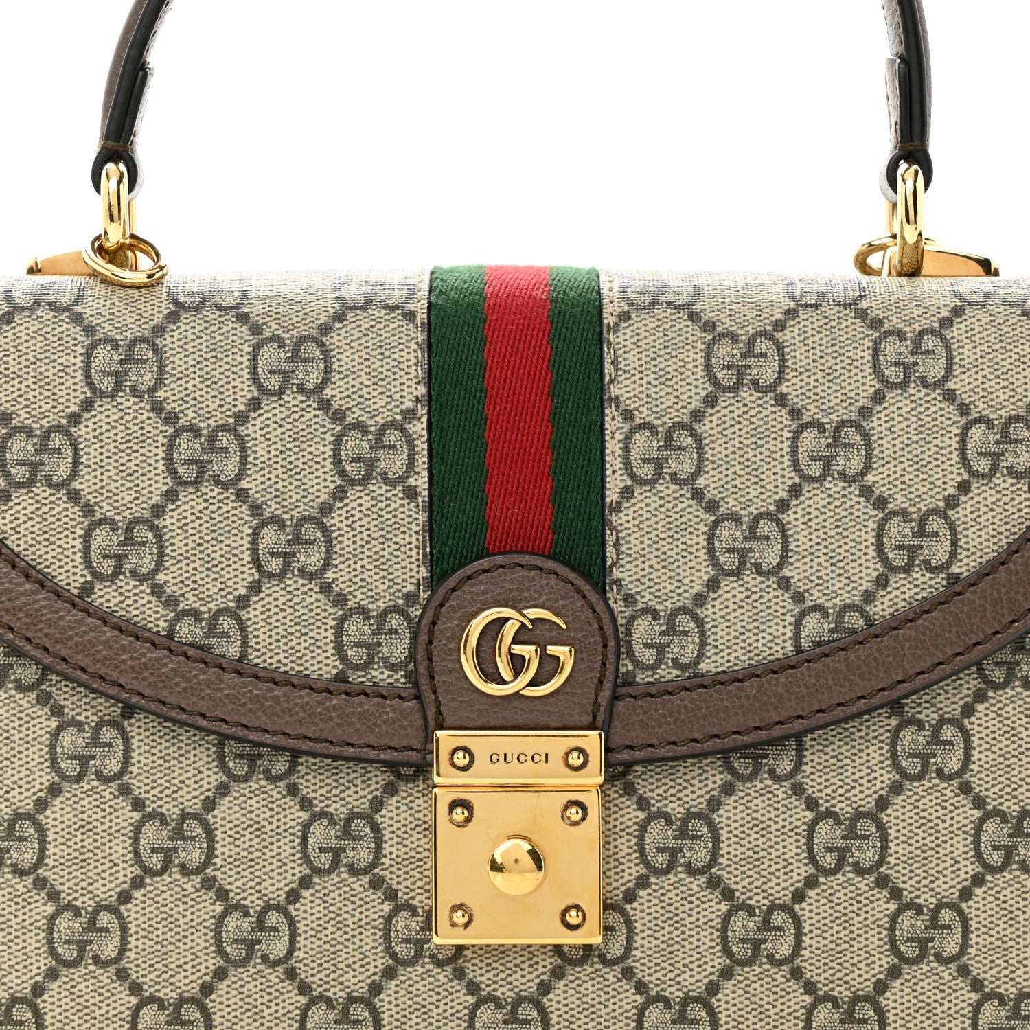 Gucci GG Supreme Monogram Textured Dollar Calfskin Web Small Ophidia Padlock Top Handle Bag Beige Ebony New Acero 8 of 11