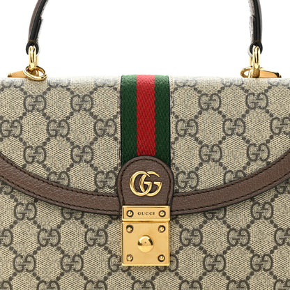 Gucci GG Supreme Monogram Textured Dollar Calfskin Web Small Ophidia Padlock Top Handle Bag Beige Ebony New Acero 8 of 11