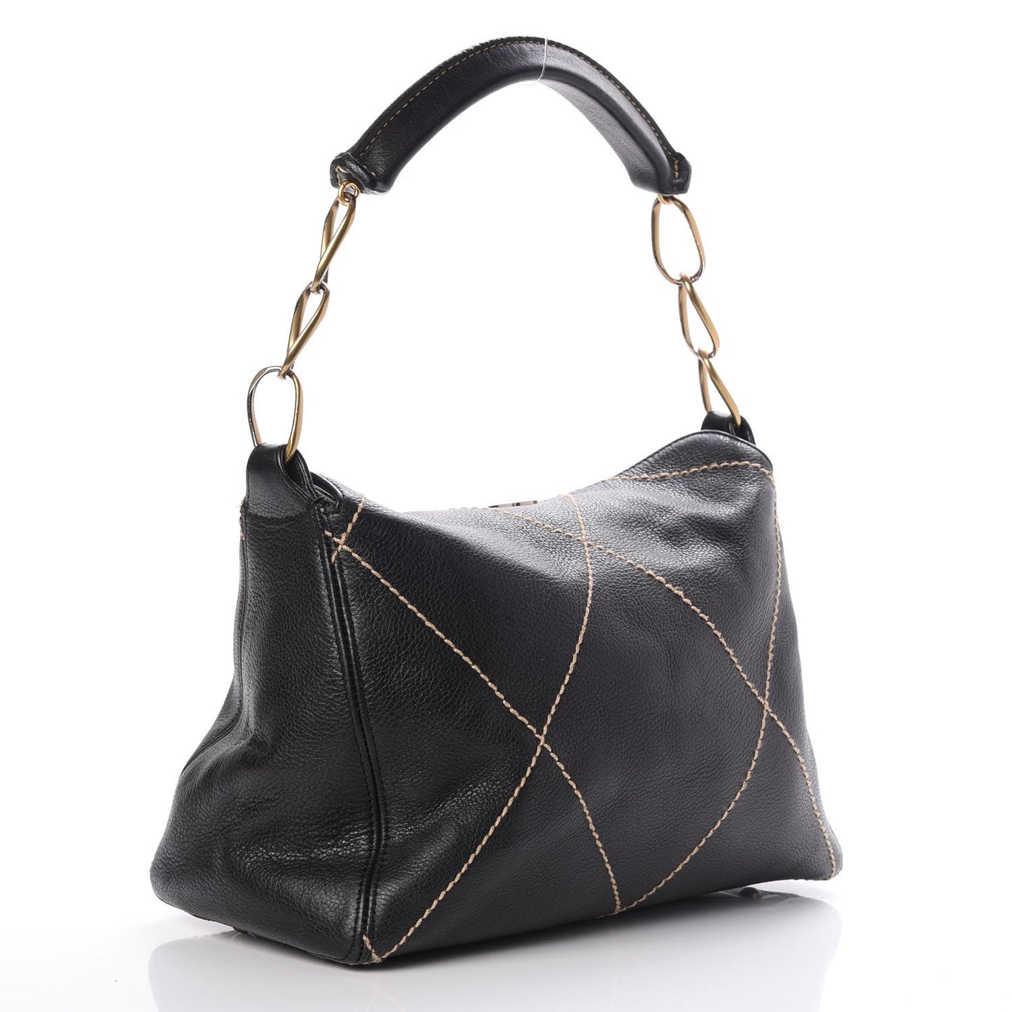 Calfskin Contrast Stitch Shoulder Bag Black