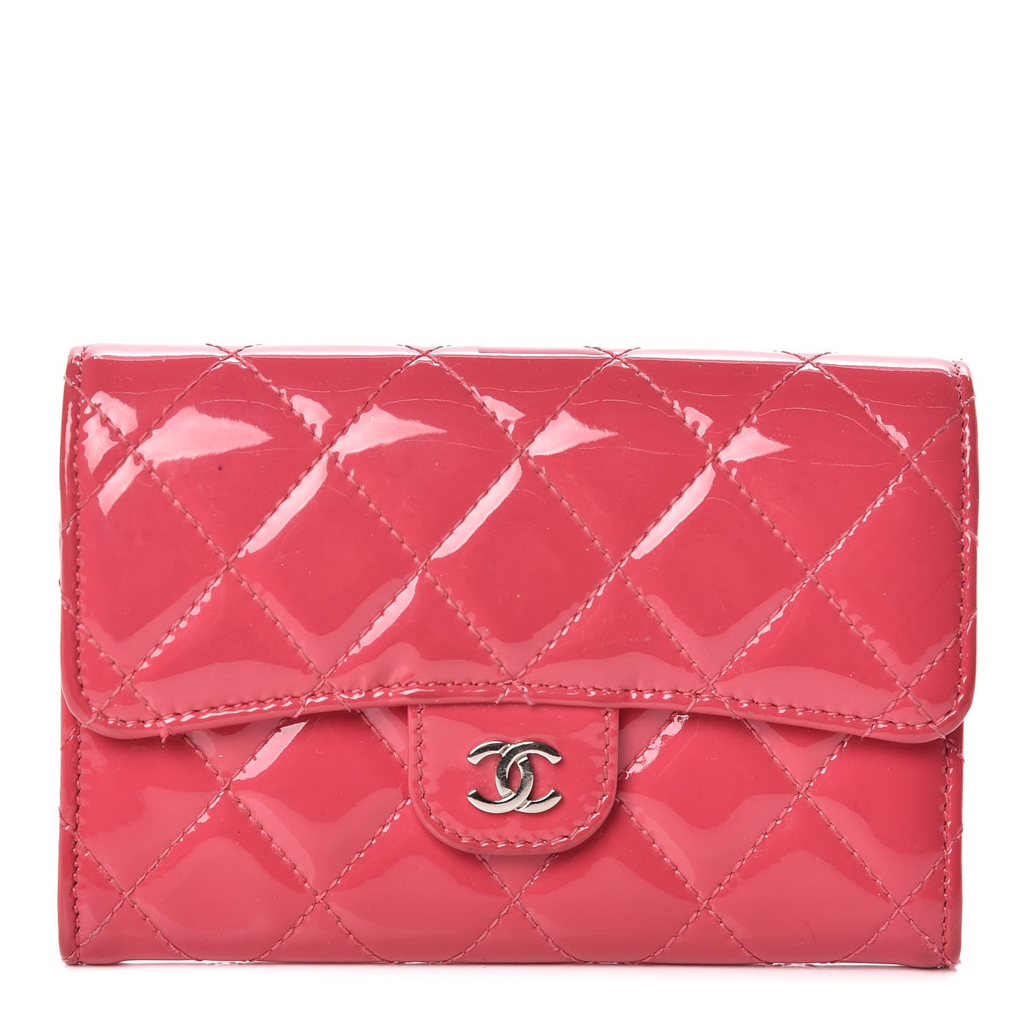 Patent Calfskin Quilted Small Flap Wallet Pink