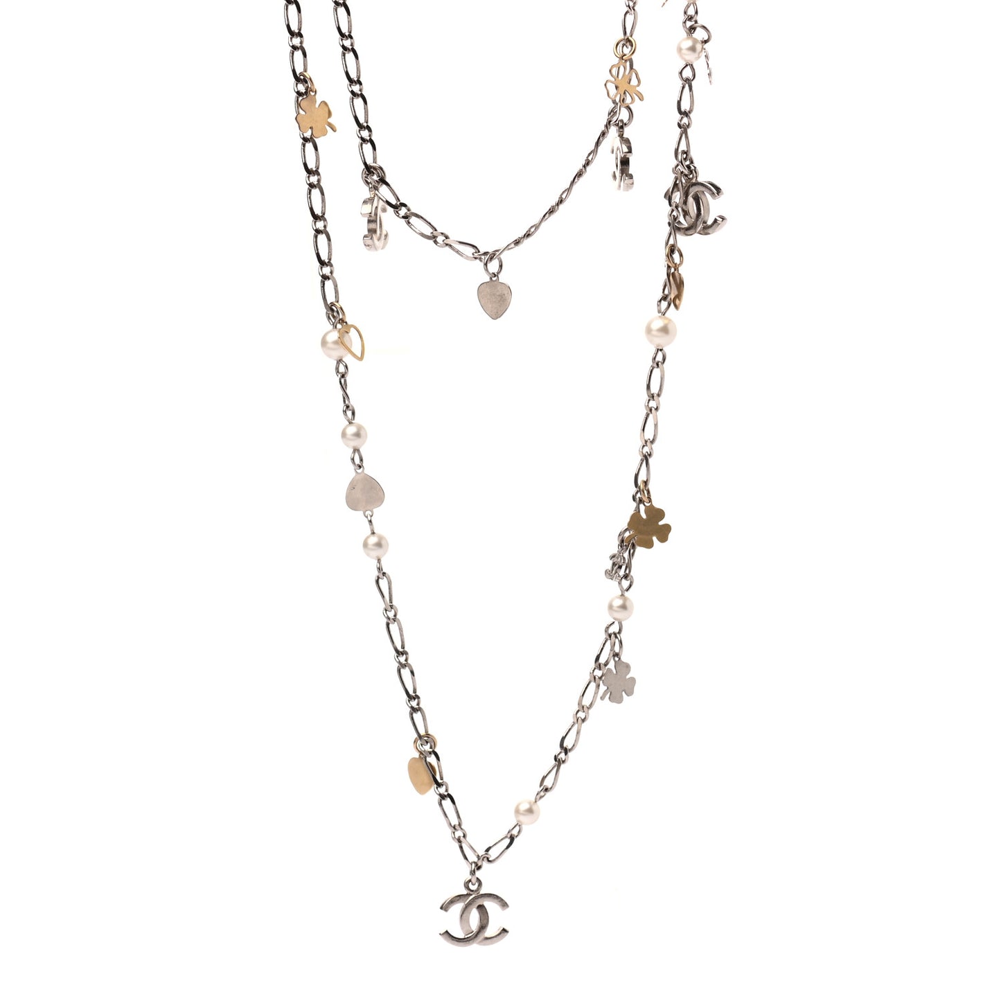 Pearl CC Lucky Charms Long Necklace Silver