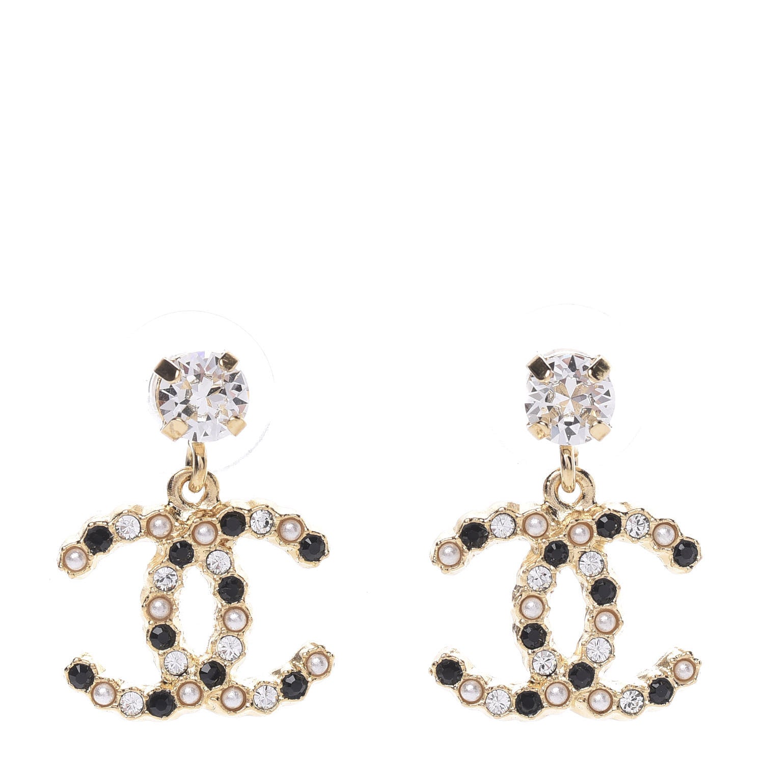 Chanel Resin Crystal Pearl CC Drop Earrings Gold Black 1 of 5