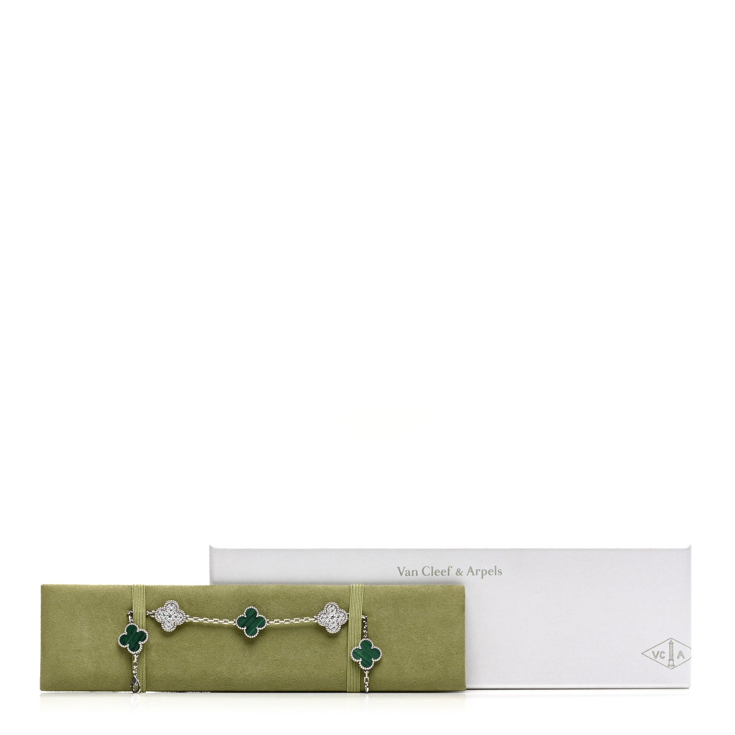 VAN CLEEF & ARPELS 18K White Gold Diamond Malachite 5 Motifs Vintage Alhambra Bracelet