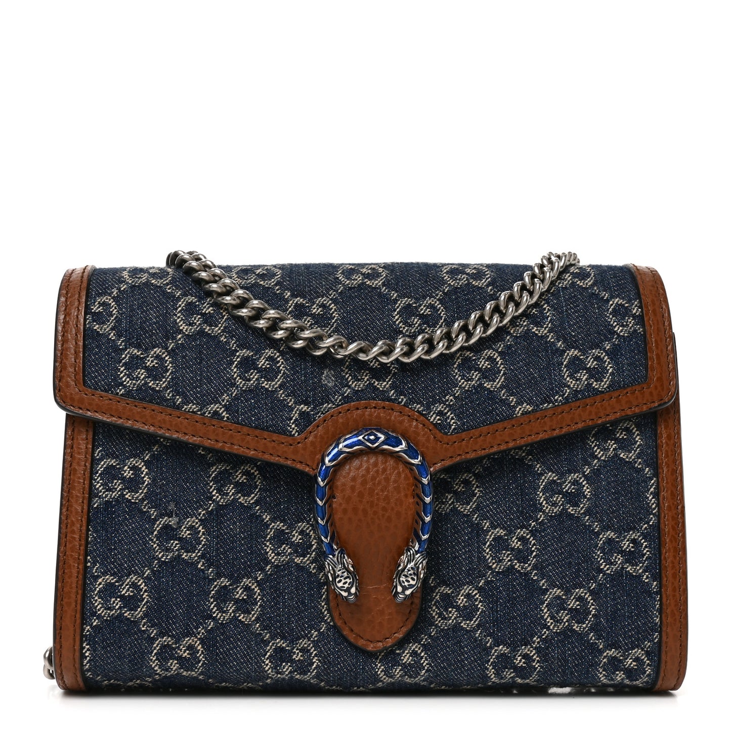 New Denim GG Monogram Dollar Calfskin Enamel Mini Dionysus Chain Wallet Blue Tea Cuir Epilog Electric Blue