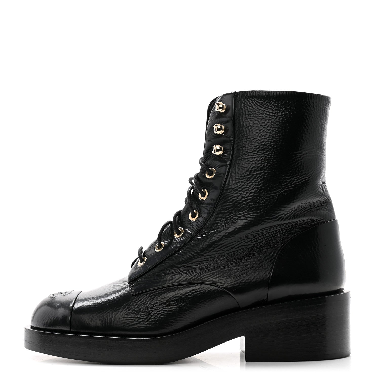 Chanel Shiny Goatskin Cap Toe Combat Boots 39.5 Black Dark Grey 1 of 8