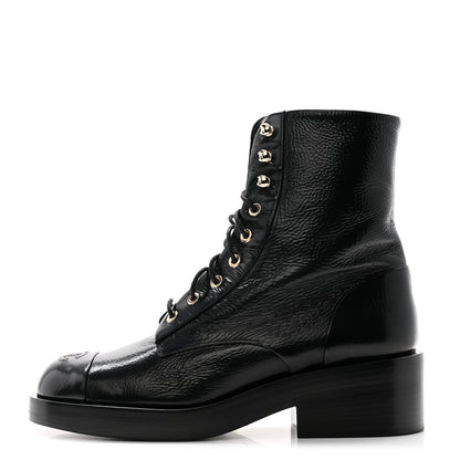 Chanel Shiny Goatskin Cap Toe Combat Boots 39.5 Black Dark Grey 1 of 8