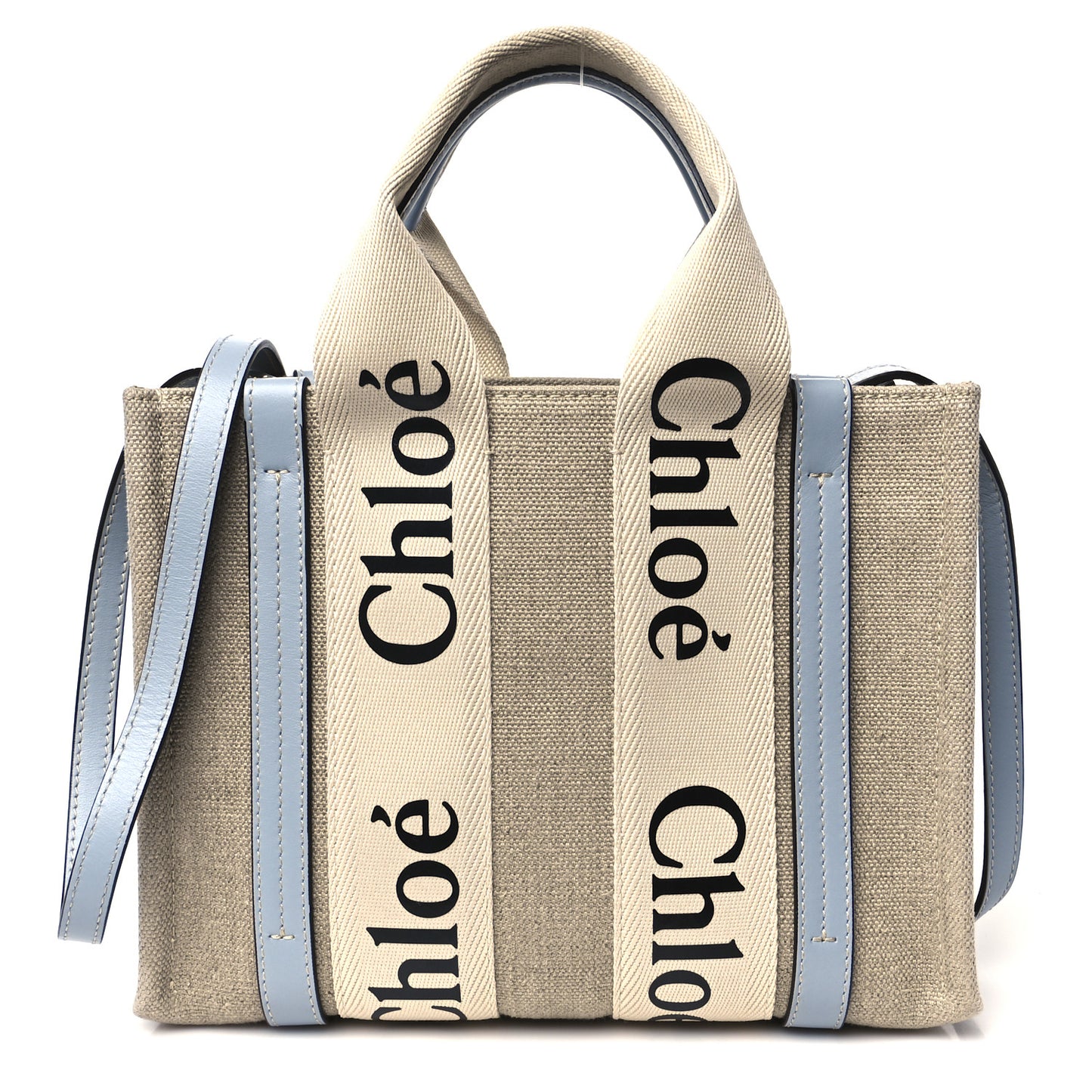 Cotton Calfskin Small Woody Ribbon Tote With Strap Light Blue