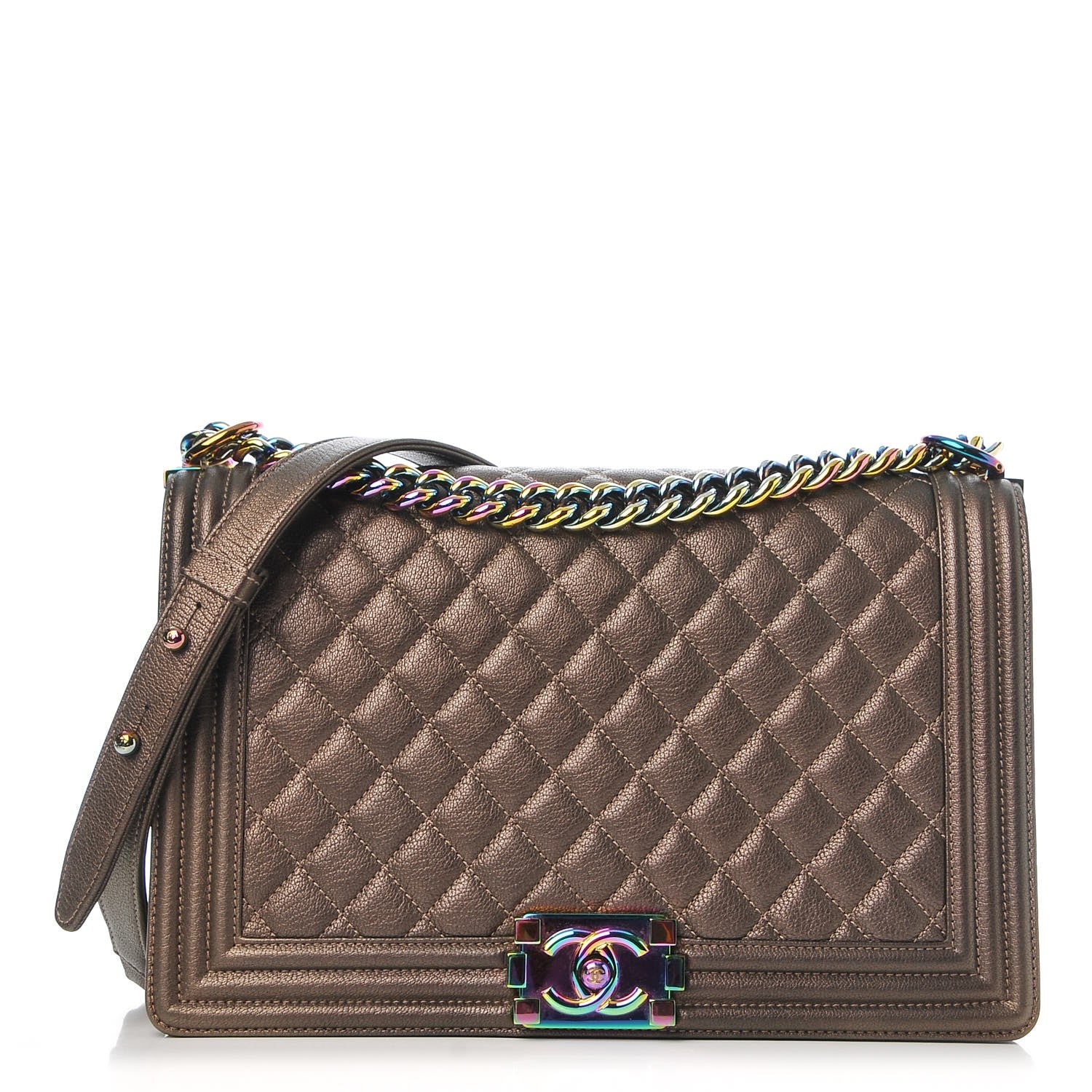 Chanel Iridescent Goatskin Quilted New Medium Boy Flap Dark Gold 1 of 7