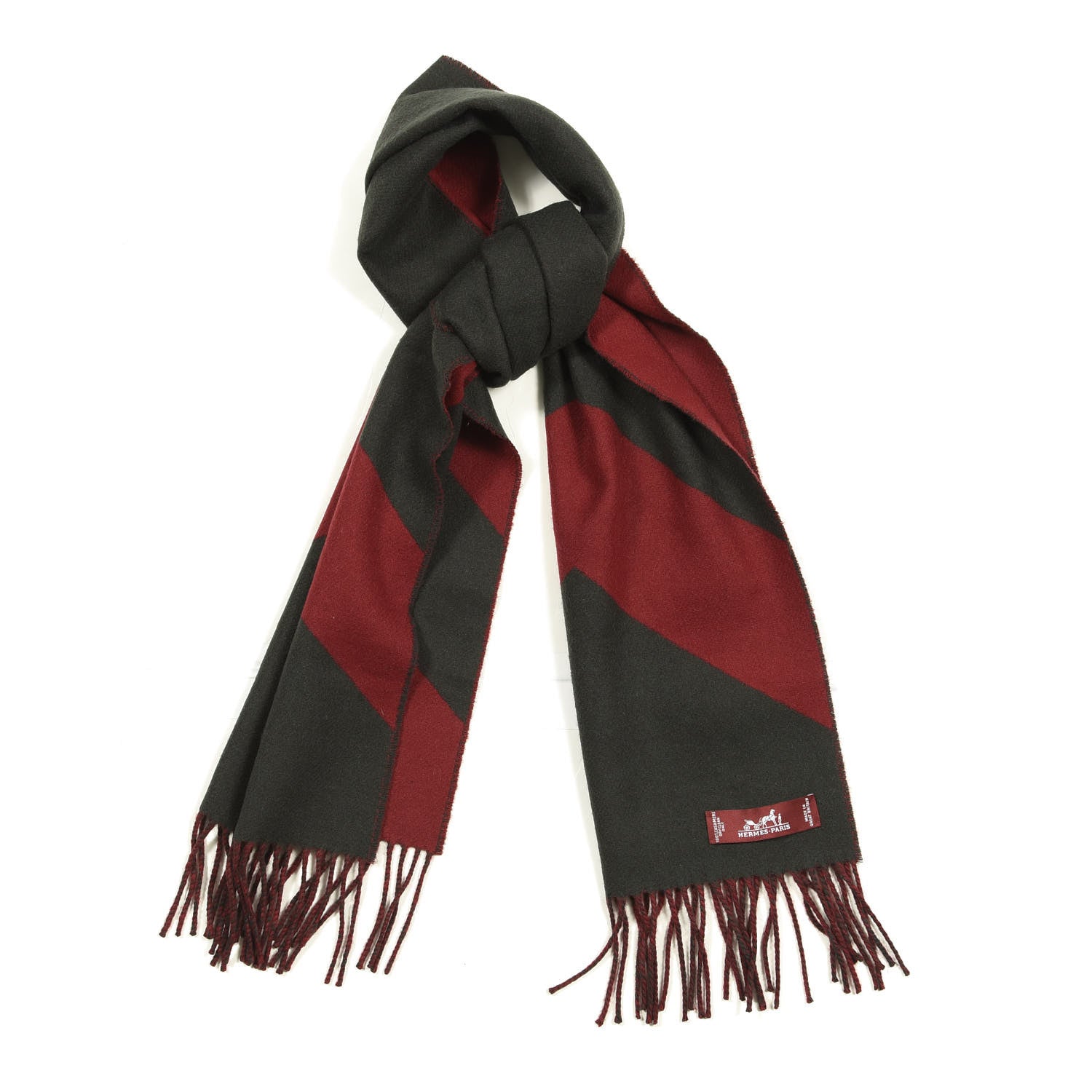 Hermes Cashmere Fringe Scarf Red Grey 1 of 4