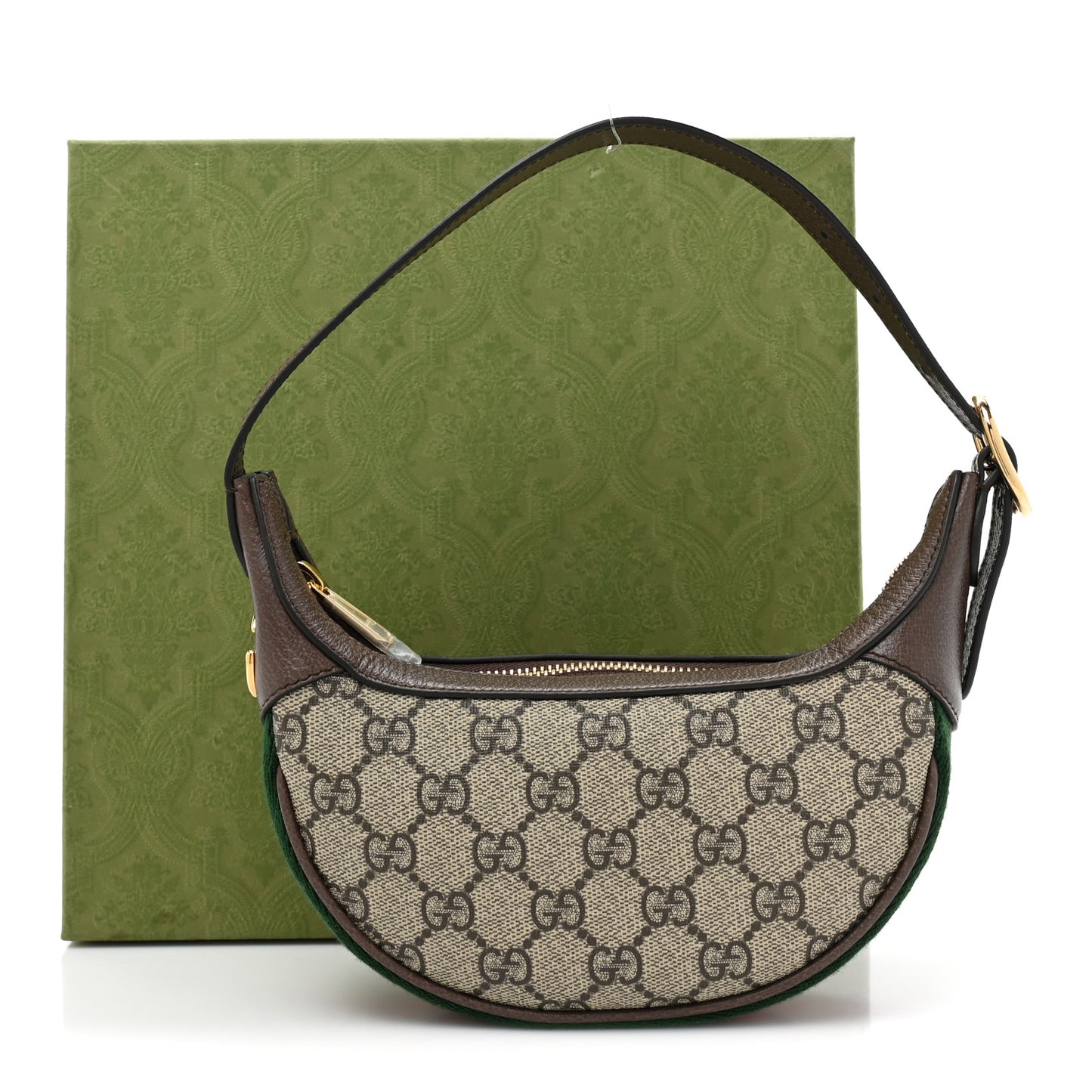 GG Supreme Monogram Textured Calfskin Web Mini Ophidia Half Moon Hobo Beige Ebony New Acero