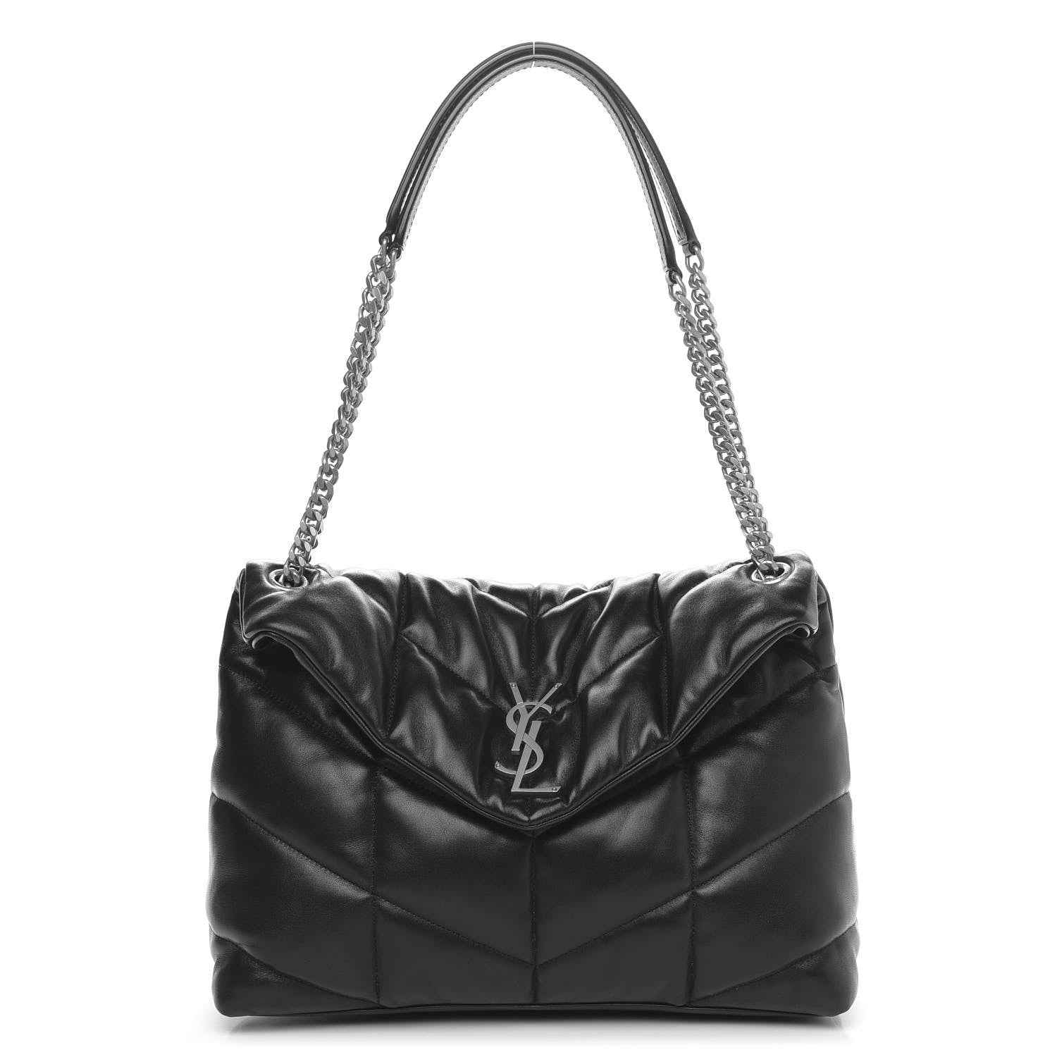Saint Laurent Lambskin Quilted Medium Loulou Puffer Monogram Chain Satchel Black 1 of 11