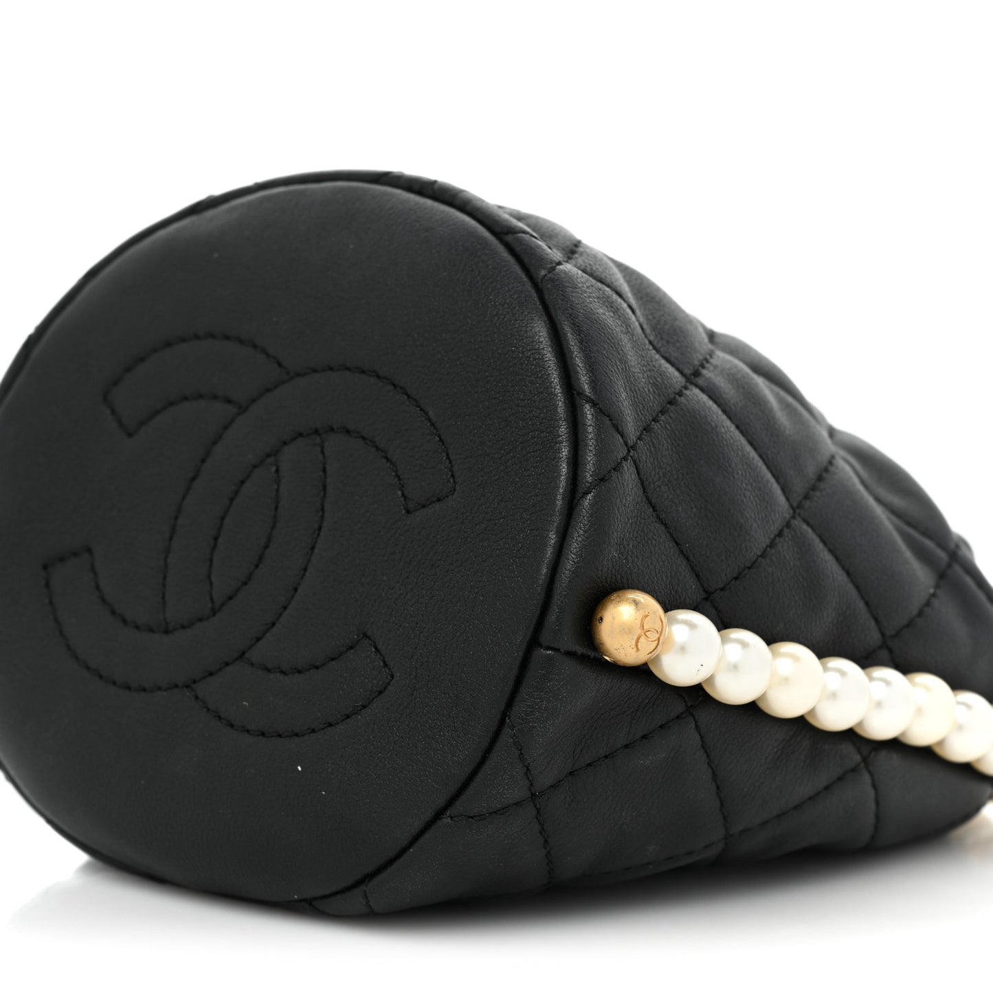 Calfskin Quilted Pearl Mini About Pearls Drawstring Bucket Bag Black
