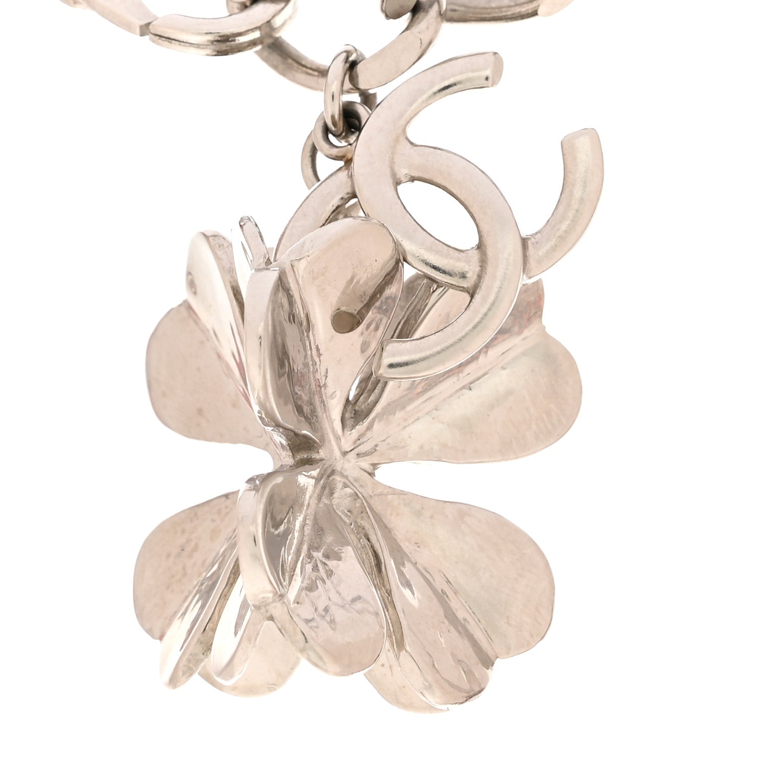 Chanel Metal Tweed Suede Chain CC Clover Necklace Silver Pink 4 of 6