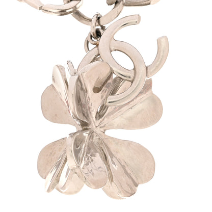 Chanel Metal Tweed Suede Chain CC Clover Necklace Silver Pink 4 of 6