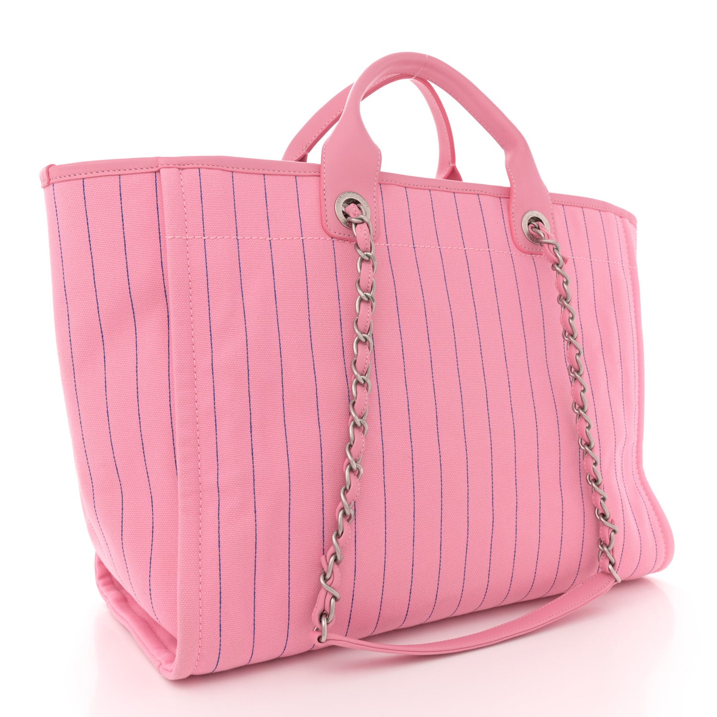 Canvas Calfskin Striped Medium Deauville Tote Pink Blue