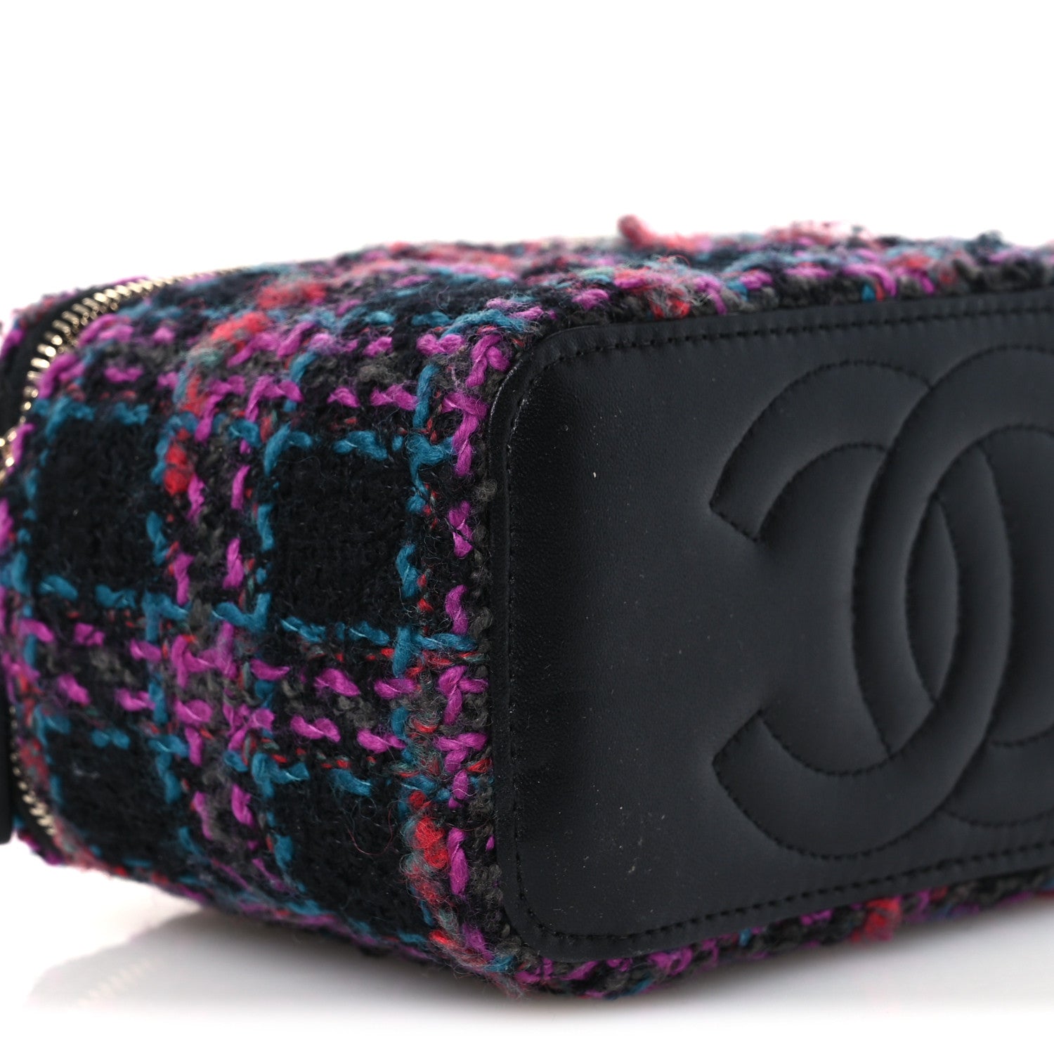 Chanel Tweed Quilted Small Vanity Case With Chain Black Purple Green Red 8 of 12