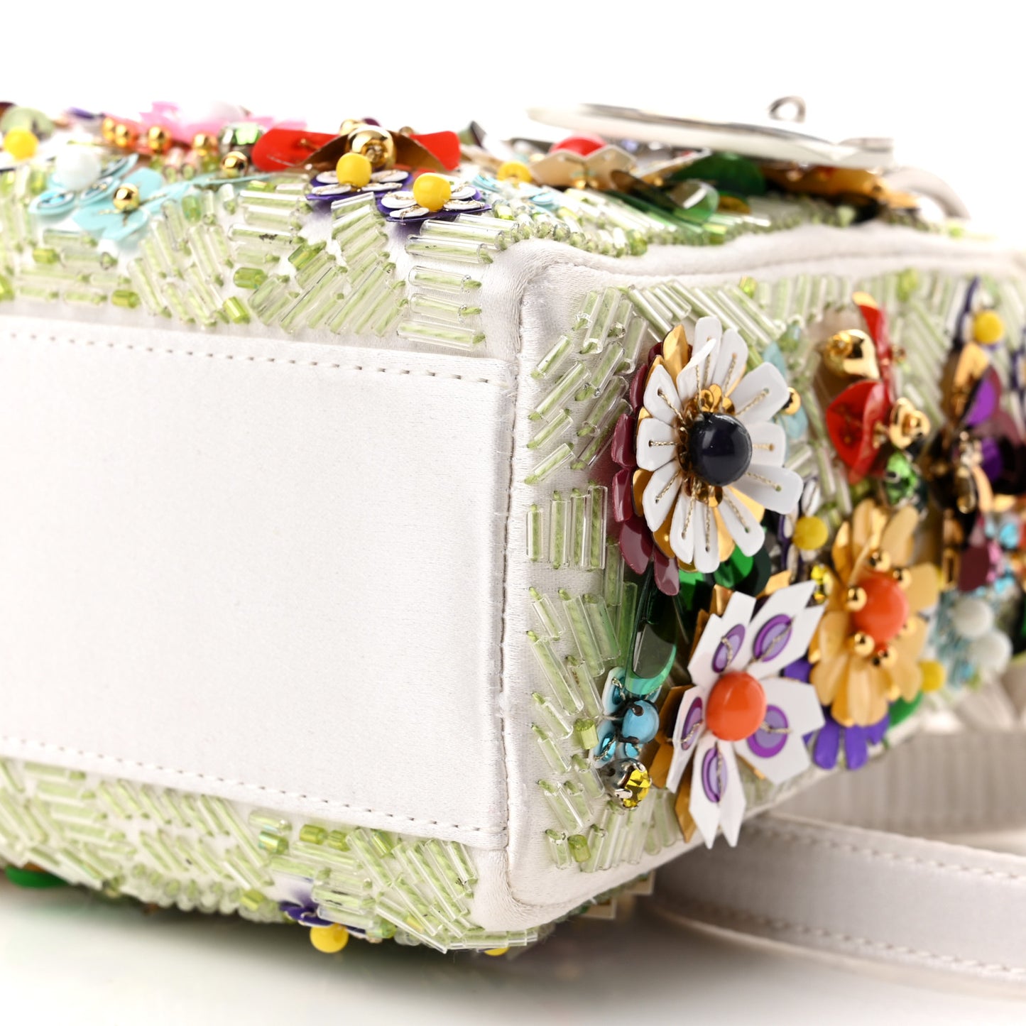 Satin Beaded Floral Embroidered Mini Lady Dior White Multicolor