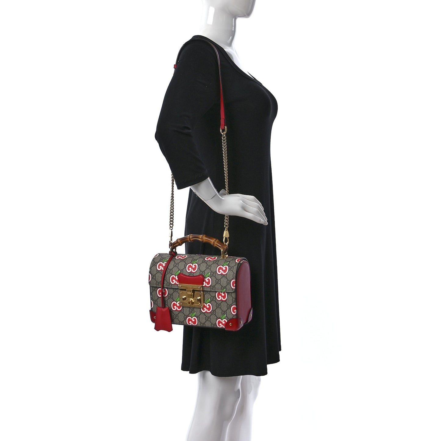 GG Supreme Monogram Apple Small Padlock Bamboo Shoulder Bag Beige Multicolor Lobster Red