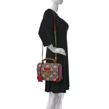 Gucci GG Supreme Monogram Apple Small Padlock Bamboo Shoulder Bag Beige Multicolor Lobster Red 2 of 9