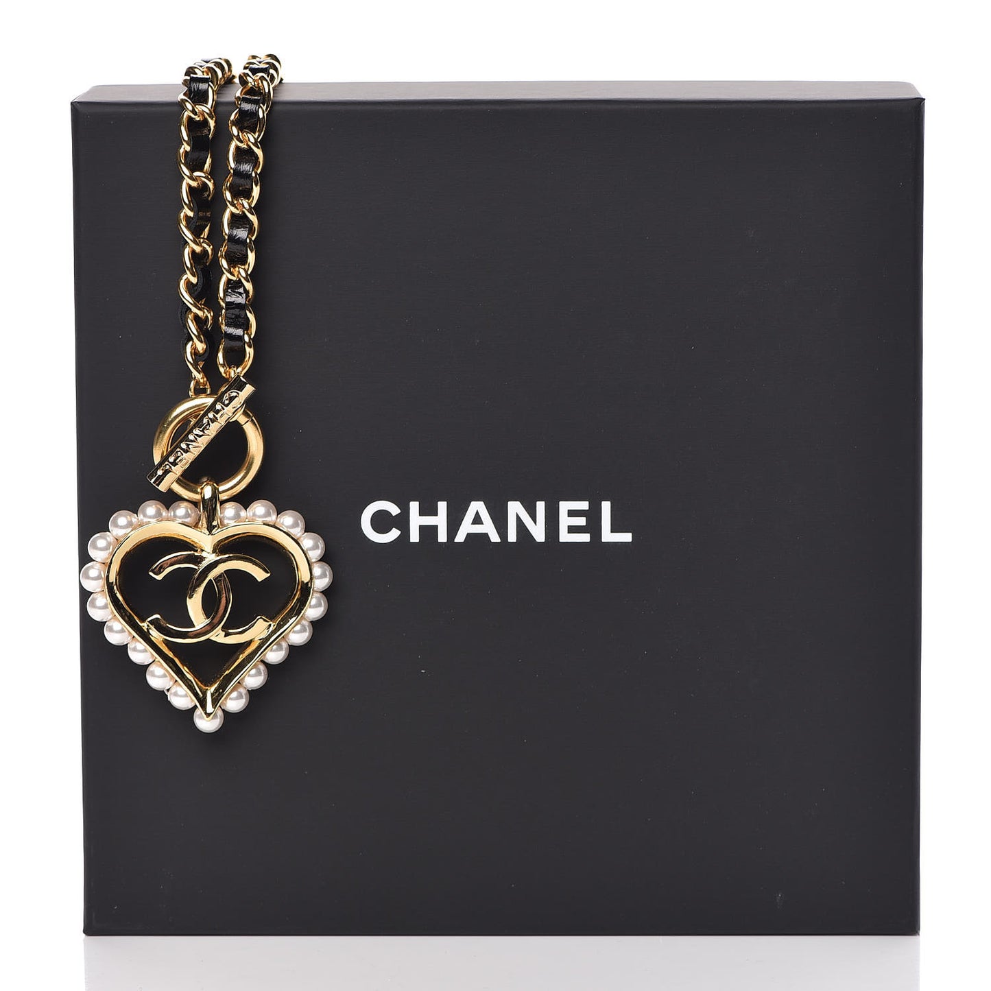 Calfskin Pearl Heart Necklace Gold Black