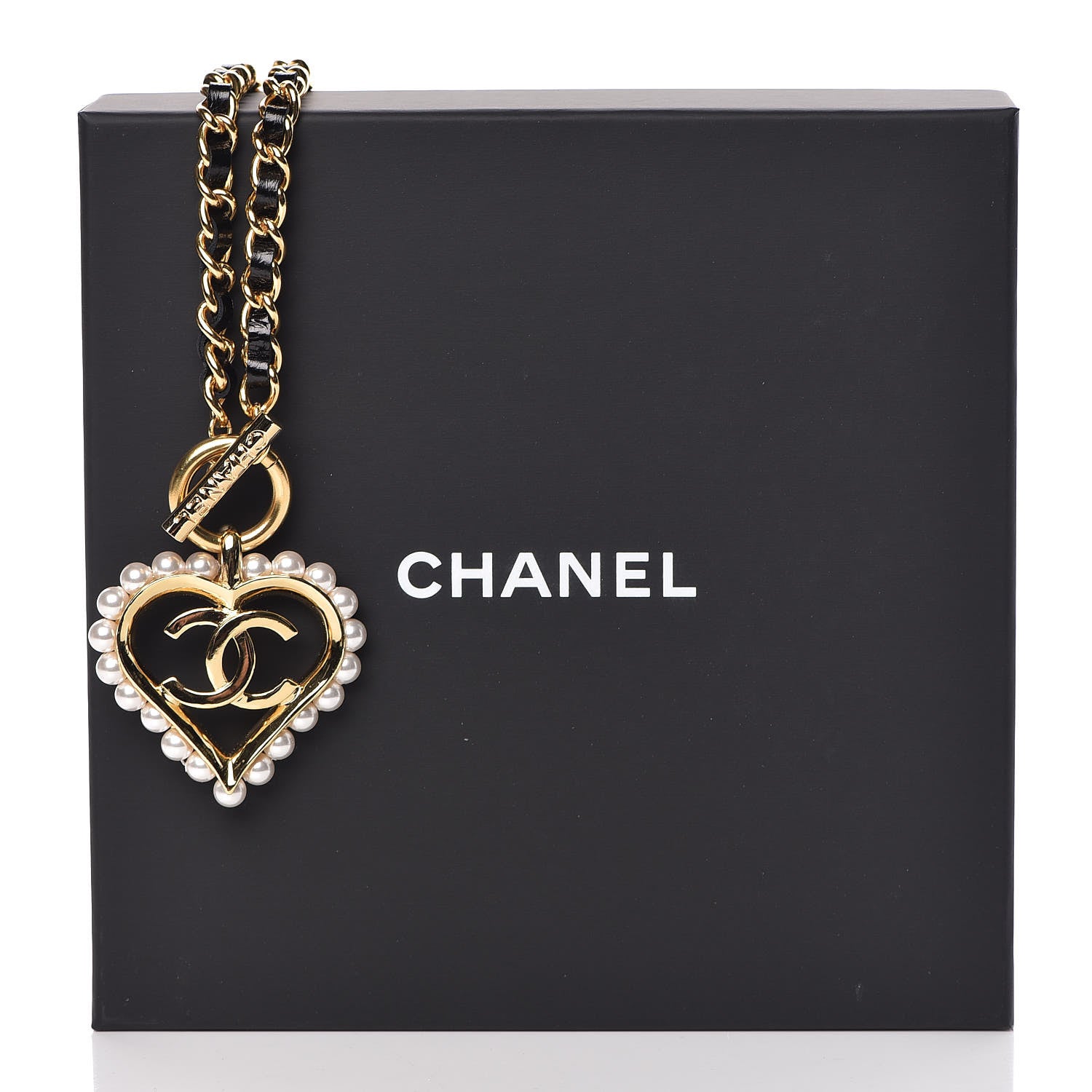 Chanel Calfskin Pearl Heart Necklace Gold Black 7 of 7