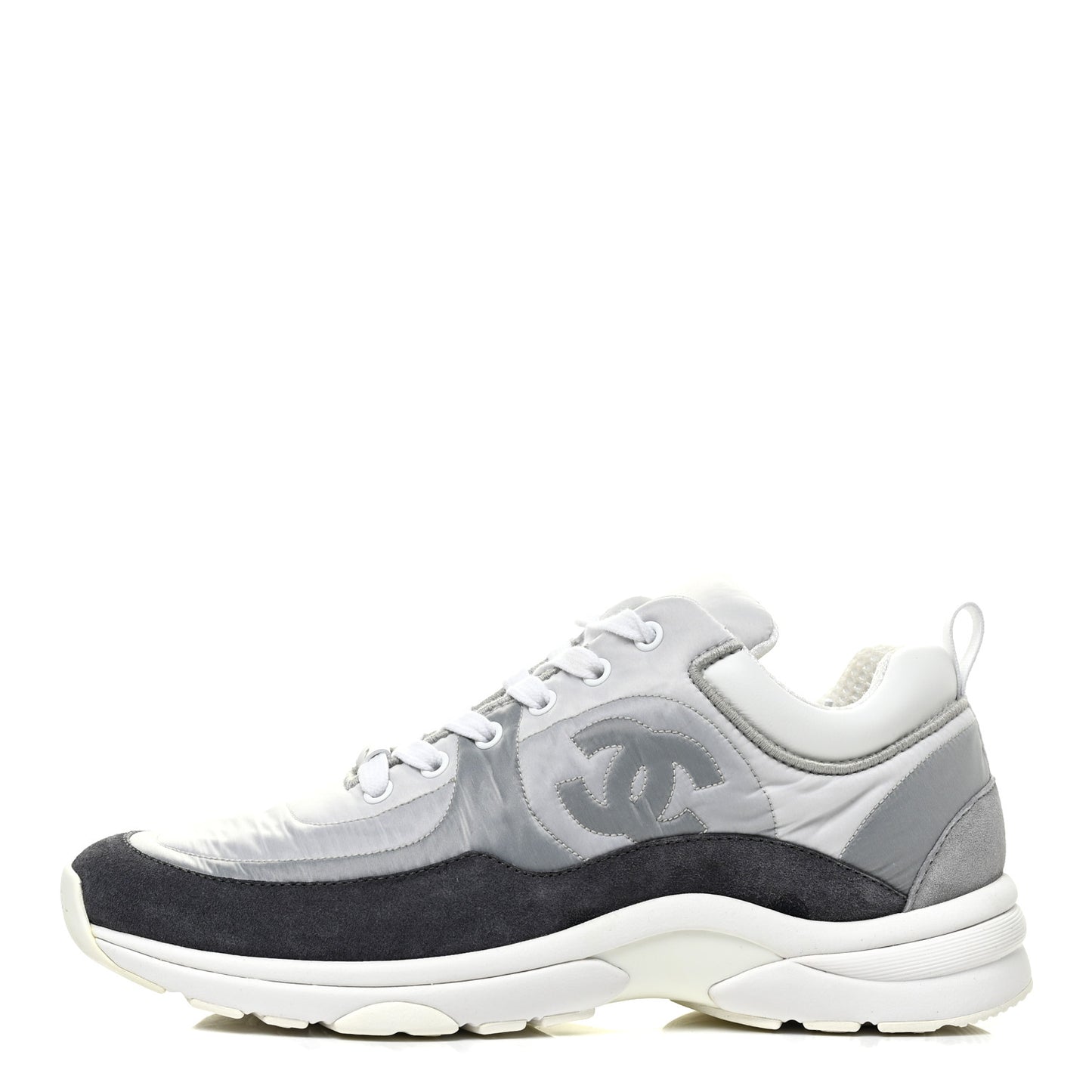 Nylon Lambskin Suede Calfskin CC Sneakers 38.5 White Grey