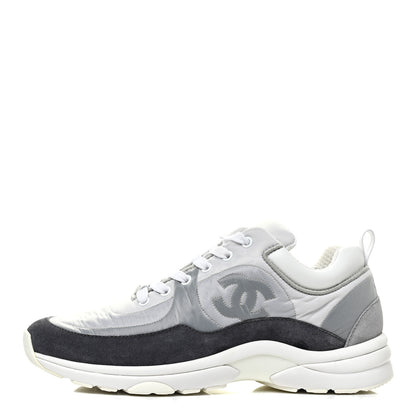 Chanel Nylon Lambskin Suede Calfskin CC Sneakers 38.5 White Grey 1 of 8