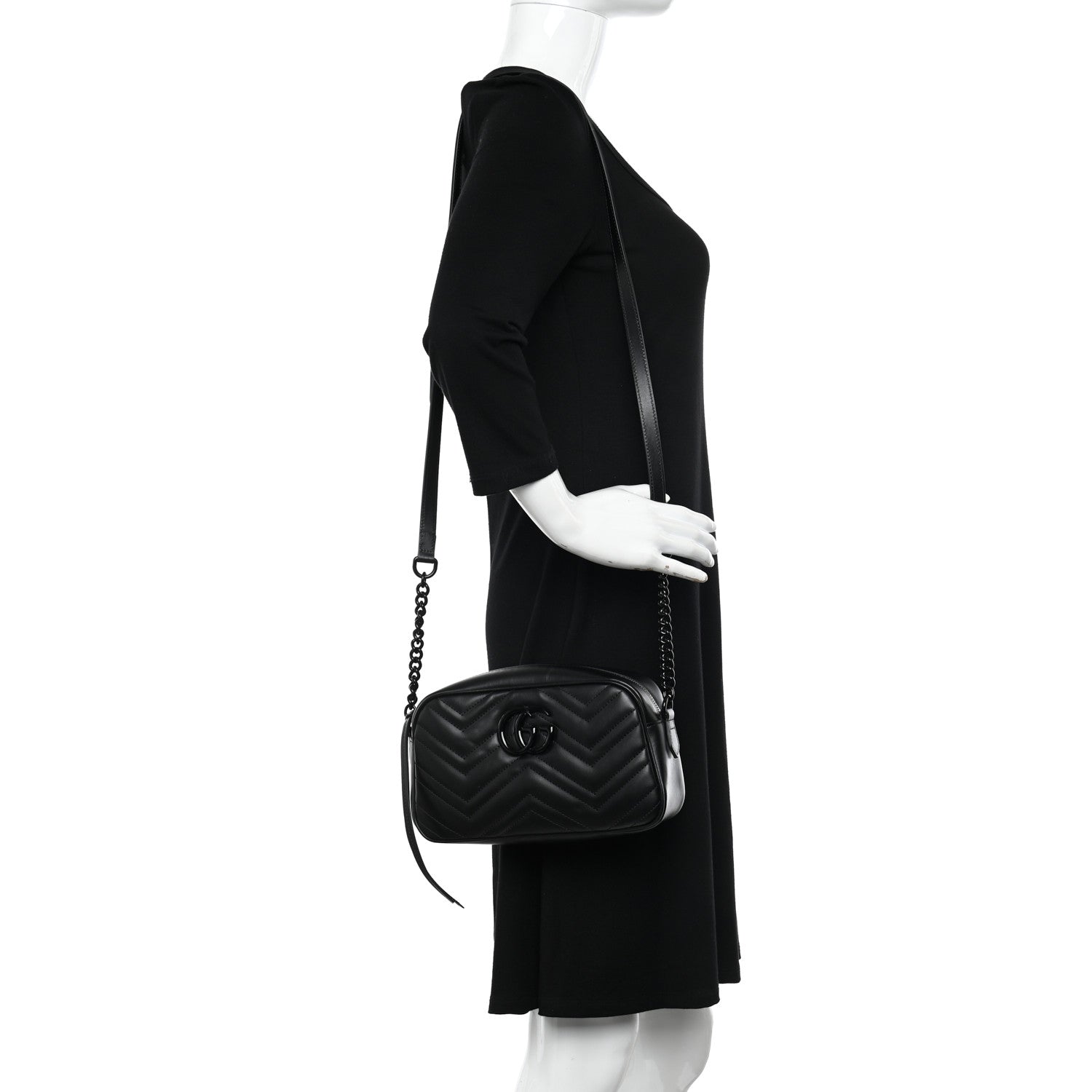 Gucci Calfskin Matelasse Monochrome Small GG Marmont Chain Shoulder Bag Black 2 of 13
