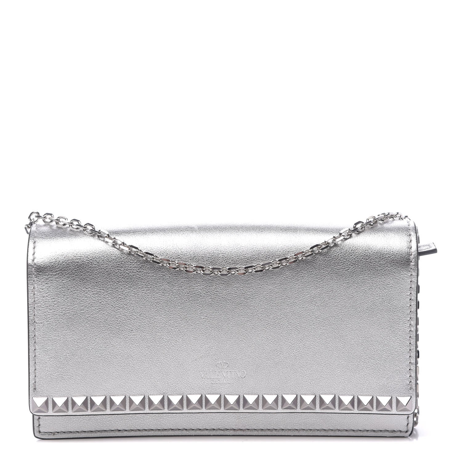 Valentino Garavani Metallic Calfskin Rockstud No Limit Wallet On Chain Silver 1 of 10