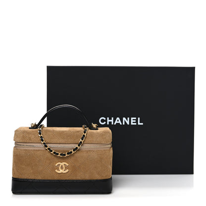 Chanel Suede Calfskin Shiny Lambskin Quilted Top Handle Slim Vanity Case With Chain Beige Black 11 of 11