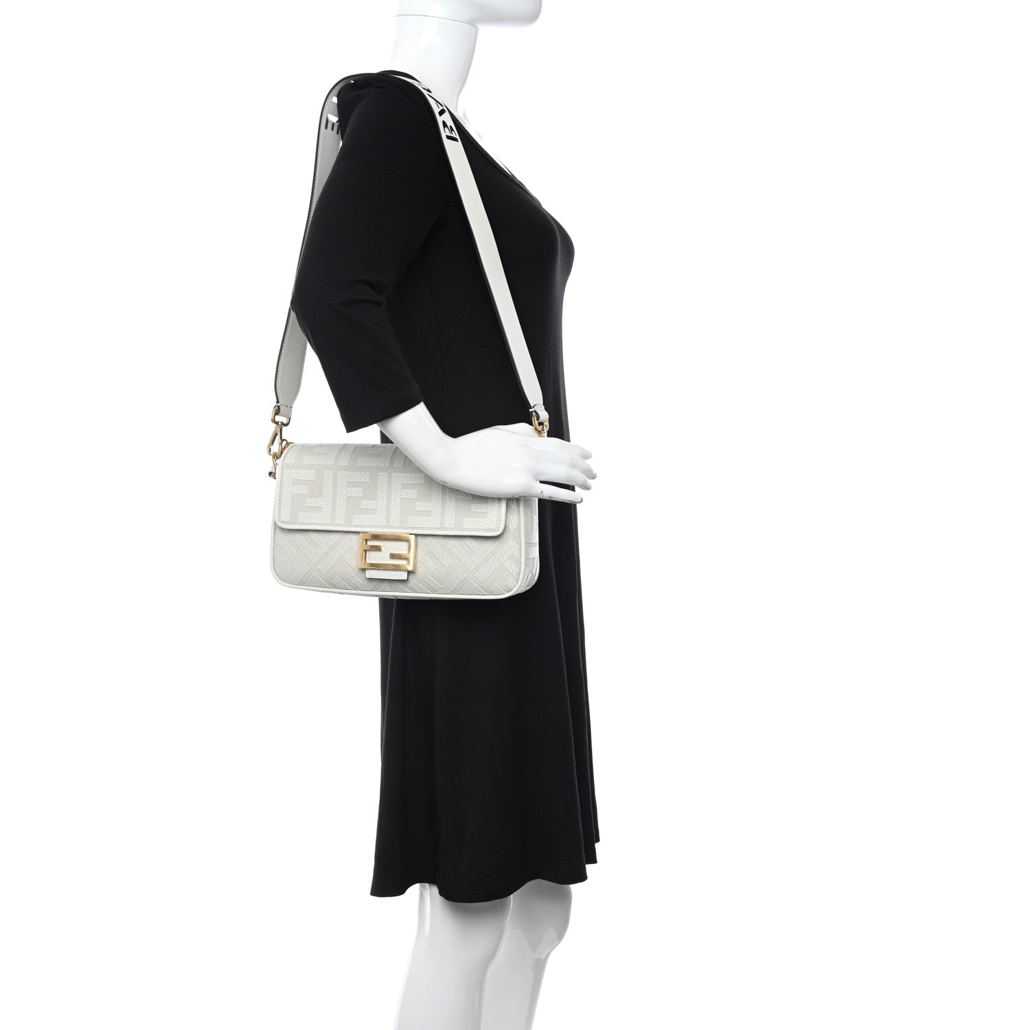 Fendi Canvas Vitello King Extra Strap FF Embroidered Baguette White Ice 2 of 11