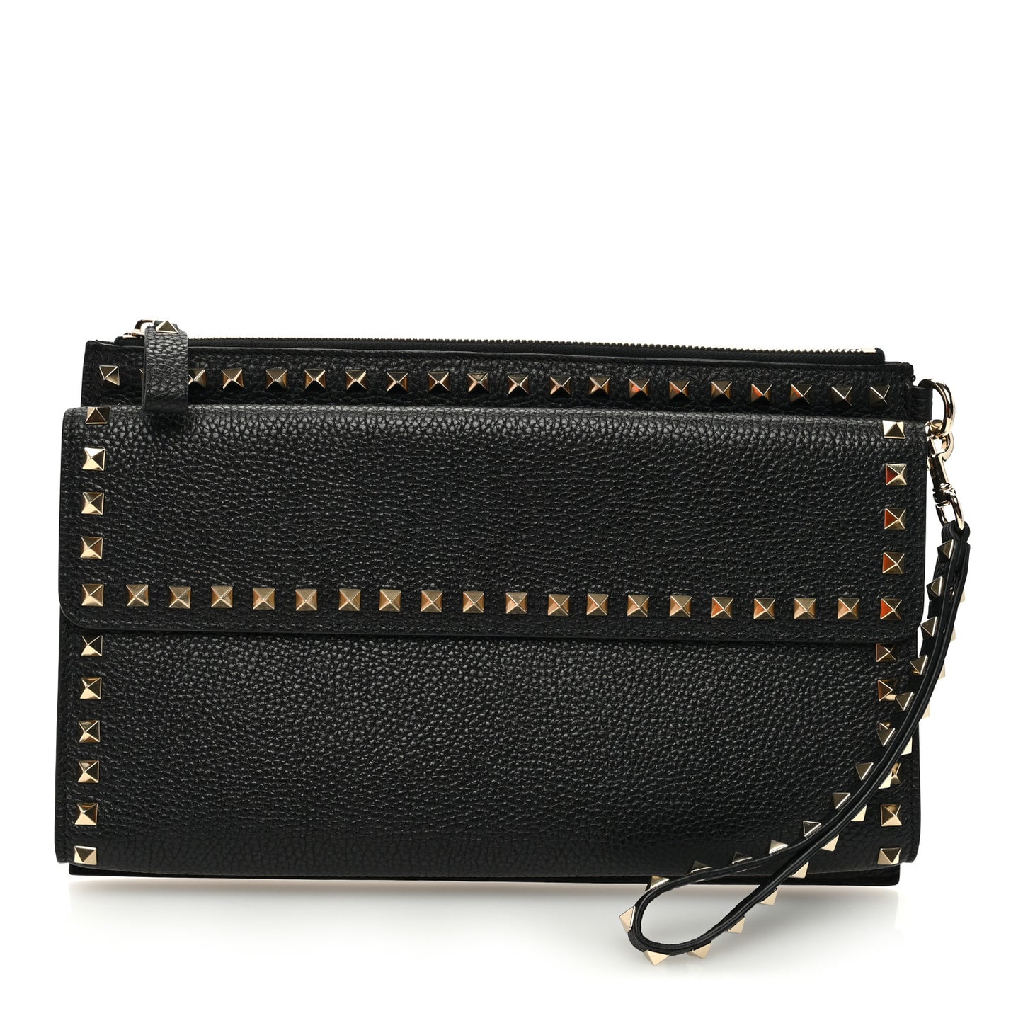 Pebbled Calfskin Large Rockstud Wristlet Clutch Black