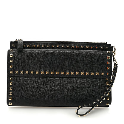 Valentino Garavani Pebbled Calfskin Large Rockstud Wristlet Clutch Black 1 of 7