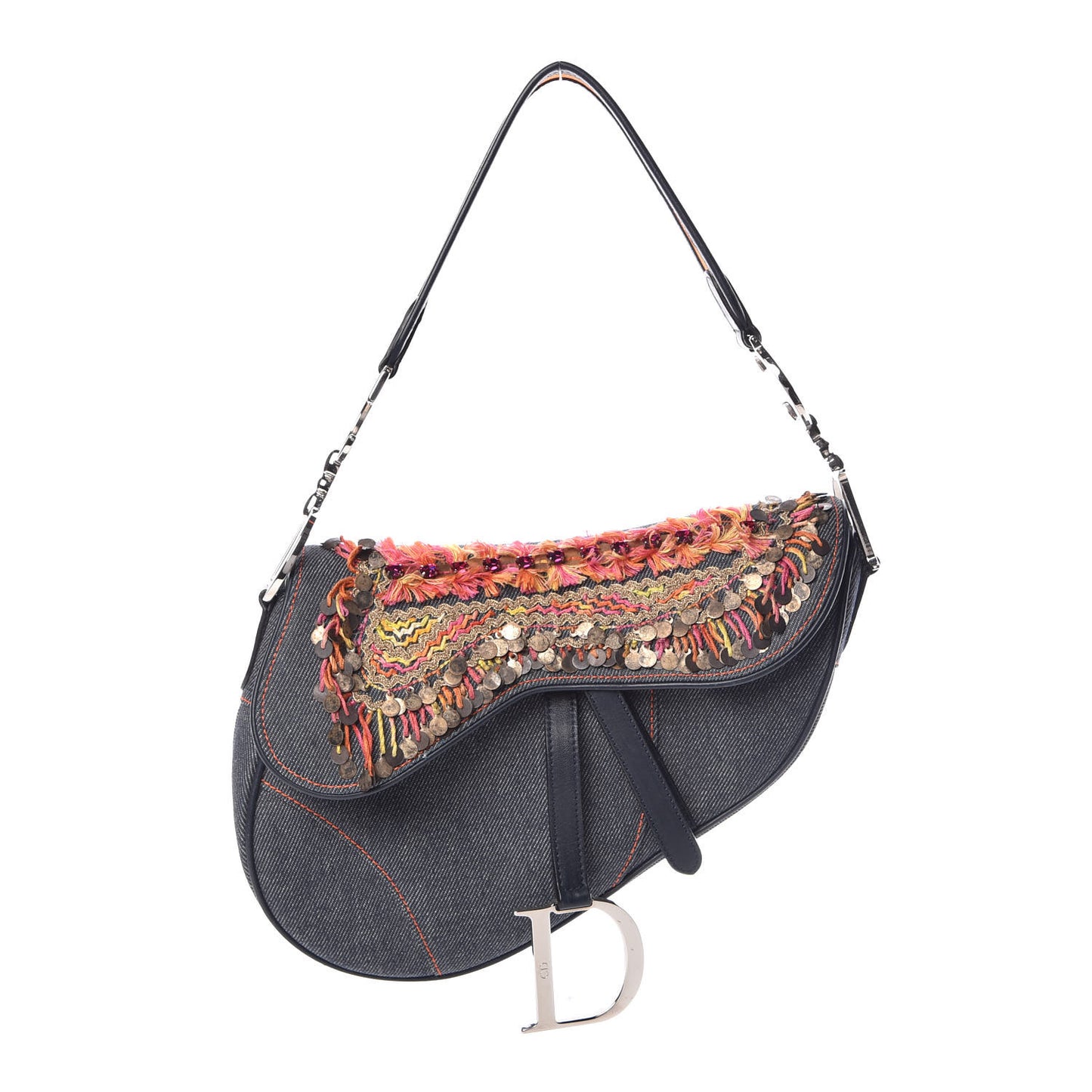 Denim Embroidered Saddle Bag Blue Multicolor