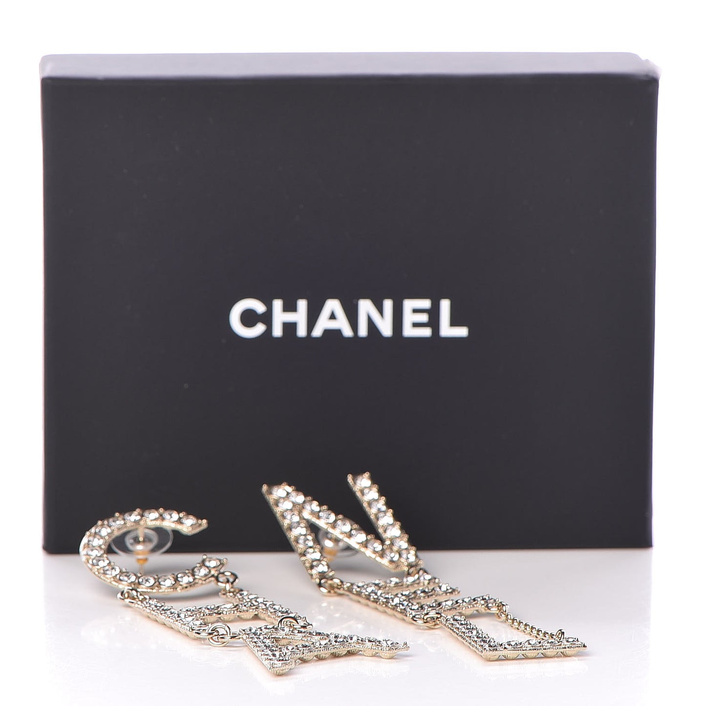 Crystal Cha-Nel Logo Drop Earrings Gold