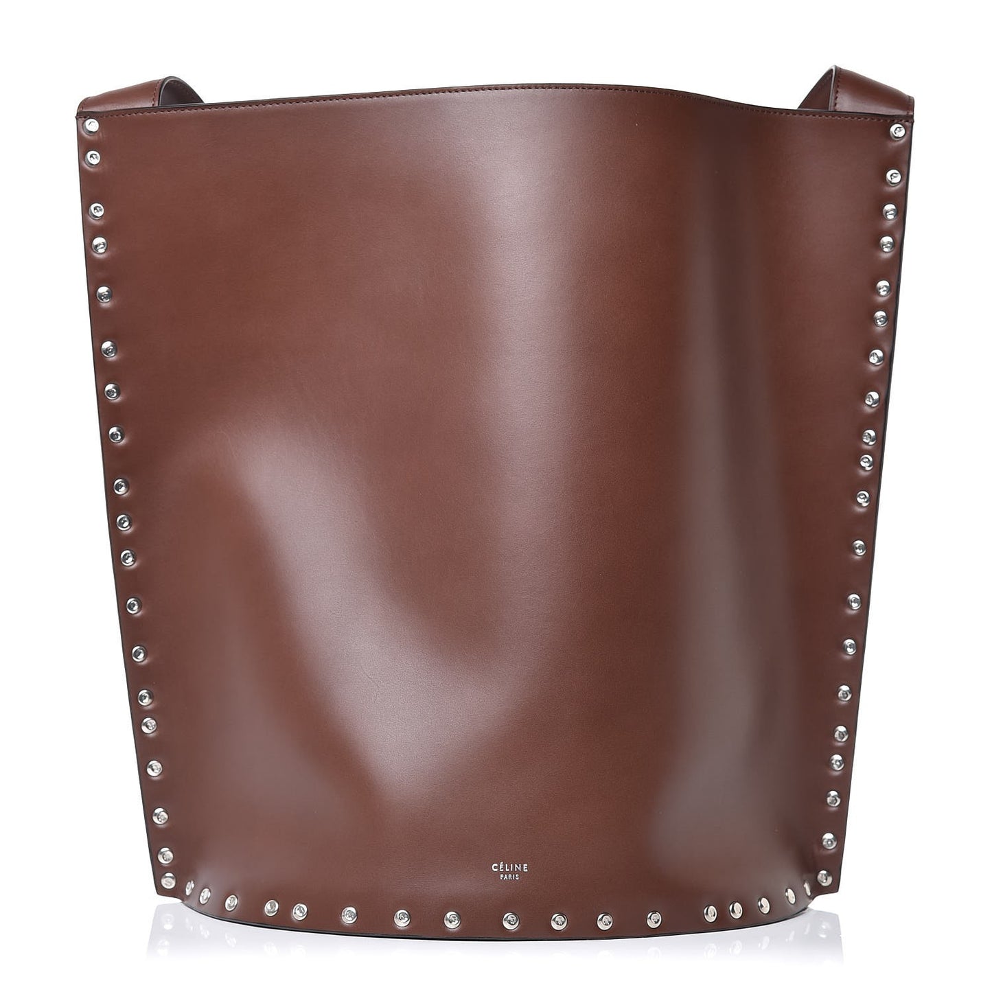Satinated Natural Calfskin Large Studs Bucket Shoulder Bag Dark Brown