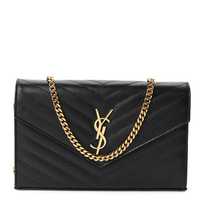 Saint Laurent Grain De Poudre Matelasse Chevron Monogram Chain Wallet Black 1 of 11